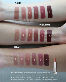 Product Review: Maybelline Creamy Matte Brown Nudes Lipstick Collection - Confessions of a Makeup Junkie Rainy Day Night, Maybelline Nude Nuance, Greige Lipstick, Maybelline Lipstick Swatches, Maybelline Creamy Matte Lipstick, Brown Nude Lipstick, Mac Lipstick Swatches, Maybelline Lipstick, Kylie Makeup