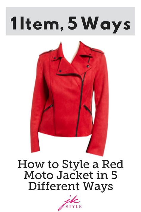 See why a red moto jacket is the perfect addition to your fall wardrobe this year! #fallfashion #style #styletips #shopping #motojacket #jacketlove How To Style A Red Jacket, Red Leather Moto Jacket Outfit, Red Leather Jacket Outfit Winter, How To Style Red Leather Jacket, Red Moto Jacket Outfit, Red Leather Jacket Outfit Women, Leather Moto Jacket Outfit, Leather Jacket Outfit Winter, Red Leather Jacket Outfit