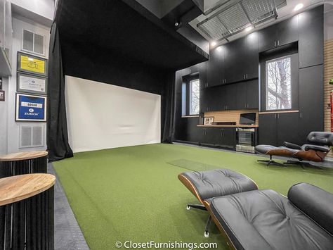 Garage Conversion - Golf Simulator Remodeled Attic, Garage Golf Simulator, Golf Screen, Golf Garage, Under Counter Refrigerator, Golf Storage, Counter Refrigerator, Simulator Room, Electric Screen