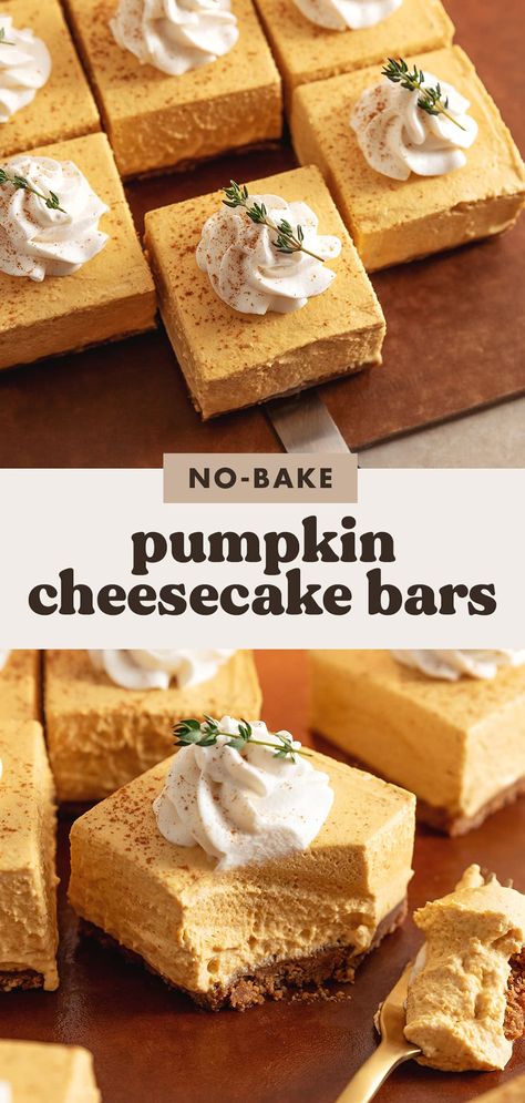 These no-bake pumpkin cheesecake bars are made with a crunchy biscoff crust and creamy pumpkin cheesecake. It's the perfect autumnal no-bake dessert that's easy to make! #cheesecake #pumpkin #nobakedessert Biscoff Crust, Pumpkin Pie Cheesecake Bars, Pumpkin Cheesecake Pie, Cheesecake Ideas, Pumpkin Cheesecake Cookies, Pumpkin Bagels, Cheesecake Pumpkin, Pumpkin Cream Cheese Pie, Bake Pumpkin