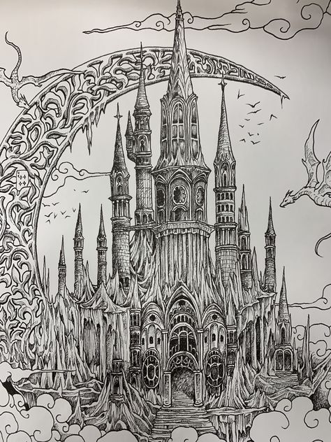 Neotribal Castle Tattoo, Dark Castle Drawing, Goth Castle Tattoo, Haunted Castle Drawing, Medieval Castle Tattoo, Castle Back Tattoo, Haunted Castle Tattoo, Cybersigilism Castle, Dark Castle Tattoo