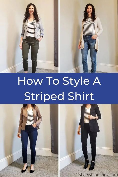 Striped tee outfits for fall. How to style a black and white striped t-shirt for work and for casual. 4 ways to wear a striped shirt. Gray And White Striped Shirt Outfit, Black And White Striped Shirt With Jeans, How To Style Striped Tshirt, White Stripped Shirt Outfit, Black And White Striped Tee Outfit, Stripe Tshirt Outfit Women, Striped Black And White Shirt Outfit, White And Black Striped Shirt Outfit, Black White Striped Shirt Outfit