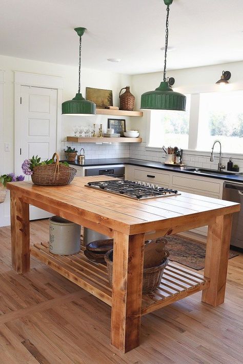 Dave built this kitchen island with a gas burner stove and all the lines built into a hollow leg.  the berry cottage. - Blessings and Raindrops Dave and Jenny Marrs Dapur Rustic, Island With Stove, Kitchen Island With Stove, Kitchen Island Storage, Kitchen Island Plans, Rustic Kitchen Island, Small Kitchen Island, Farmhouse Kitchen Island, Wood Kitchen Island