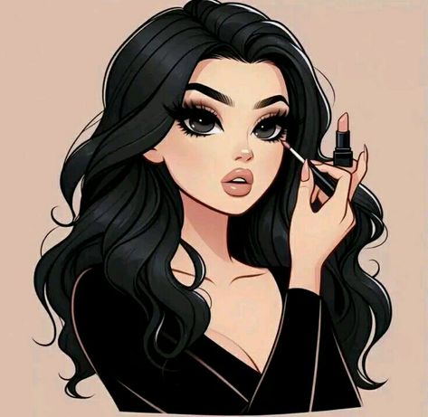 Makeup Cartoon Aesthetic, Makeup Digital Art, Make Up Cartoon, Girl Doing Makeup, Makeup Animation, Dress Digital Art, Black Hair Cartoon, Makeup Cartoon, Animation Icon