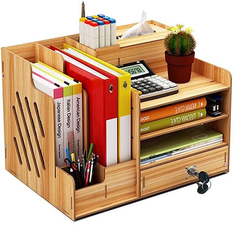 Wooden Desk Organizer, Large Capacity DIY Office Supplies Storage Holder File Rack Paper Document Magazine Holder Sorter with Drawer, Pen Holder Box (Cherry Wood): Amazon.co.uk: Kitchen & Home Books Holder, Organizer Drawers, Office Supply Storage, Desktop Bookshelf, Desk Organization Diy, Wooden Desk Organizer, Organizer Office, Pencil Storage, Storage Decor