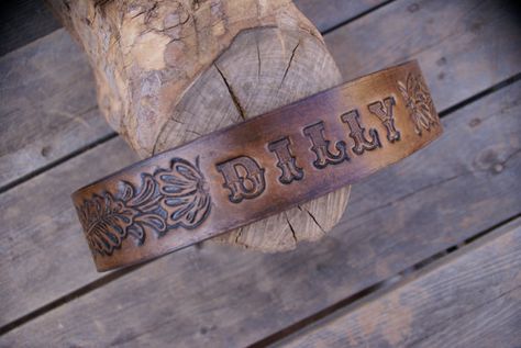 I hand make my heavy tooled leather dog collars to order Thick, American Saddle Leather, Western tooled & customized with your dogs name Western Lettering, Puppy Planning, Western Leather Dog Collar, Tooled Leather Dog Collar, Western Dog Collars, Josey Wales, 1950s Western, Personalized Leather Dog Collar, Blue Lacy