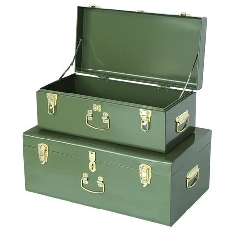 Metal Trunk, Green Storage, Metal Trunks, Metal Storage Box, Bedroom Porch, Trunk Storage, Trunks And Chests, Storage Trunks, Decorative Storage Boxes