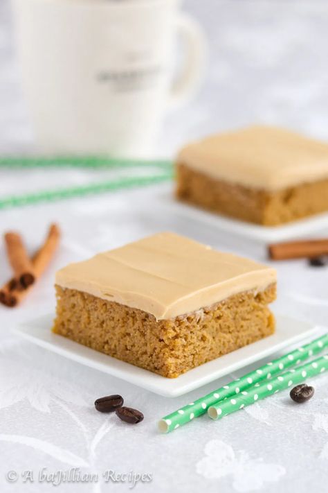 Pumpkin Spice Latte Bars - A baJillian Recipes Pumpkin Cake Bars, Moist Pumpkin Cake, Buttermilk Frosting, Pumpkin Bars, Fall Cakes, Coffee Cake Recipes, Cake Bars, Pumpkin Flavor, Best Pumpkin