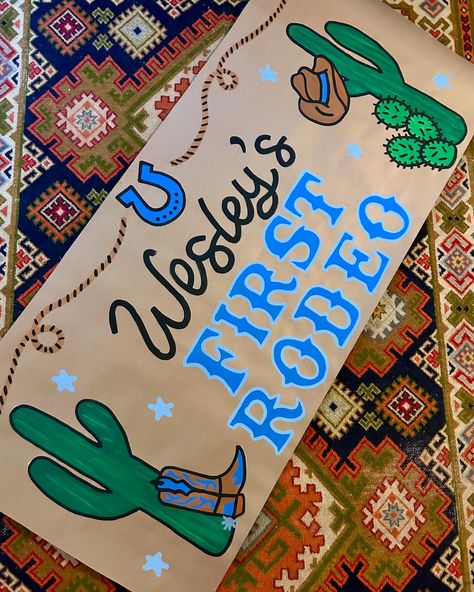 Banners lately ✨ First Birthday Boy First Rodeo, Butcher Paper Banner Birthday, Western Baby Birthday Party, Halloween Painted Banner, This Is My First Rodeo Birthday, Country Theme Birthday Party, Hand Painted Banner, Rodeo Painting, My First Rodeo Birthday Boy