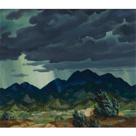 Emil J. Bisttram – Storm Over Taos, Oil on canvas, 32x36 in Emil Bisttram, Stormy Mountains, Taos Art, Art Ukraine, Az Art, Mountains Painting, Weather Storm, Mountain Illustration, Western Landscape