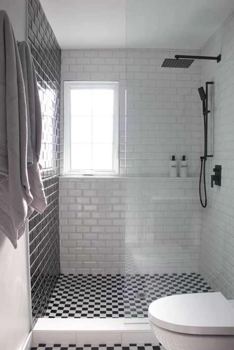 Project Main Street - Studio AA Interiors Prefab Vanity, Checkered Floor Tile, Black Light Fixtures, Tile Shower Shelf, Tile Black And White, Full House Renovation, Very Small Bedroom, White Tile Shower, Checkered Floor