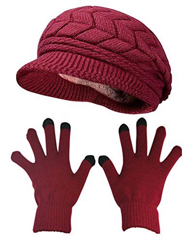 HINDAWI Winter Hat Gloves for Women Knit Warm Snow Ski Outdoor Caps Touch Screen Mittens Burgundy ** Check out this great product. (This is an affiliate link) Womens Newsboy Cap, Outdoor Cap, Touch Screen Gloves, Chunky Knit Blanket, Snow Skiing, Winter Hats For Women, Knit Beanie Hat, Knit Mittens, Knitted Gloves