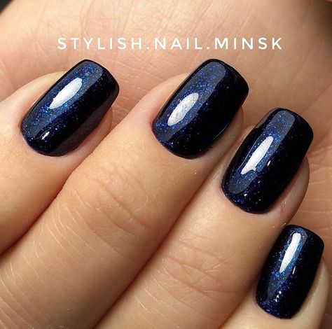 Sns Dipping Powder Nails Dark, Dark Blue Classy Nails, Navy Blue Dip Powder Nails Design, Sns Navy Blue Nails, Navy Shimmer Nails, Navy Blue Shimmer Nails, Dark Nails Dip Powder, Dark Blue Nails With Silver Glitter, Midnight Blue Sparkle Nails