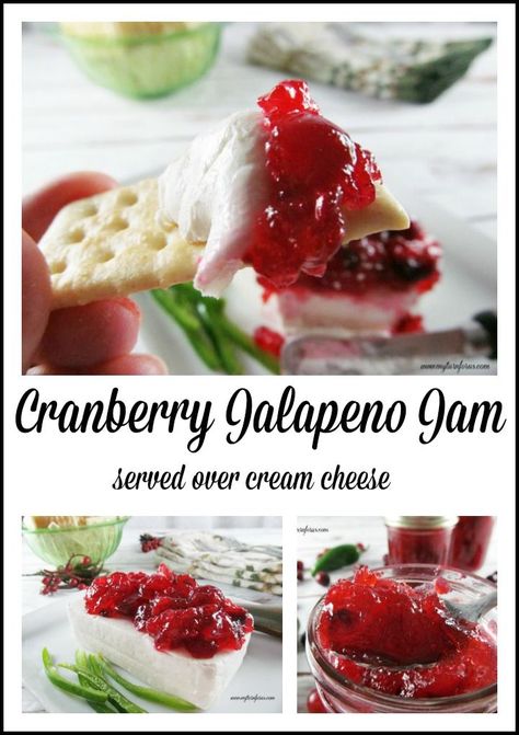 This is the Best Appetizer-Homemade Cranberry Jalapeño Jam served over cream cheese Jelly Cream Cheese Appetizer, Cranberry Jalapeno Jam, Jam Appetizer, Cranberry Jalapeño, Pepper Jelly Recipes, Jalapeno Jam, Cream Cheese Appetizer, Cheese Appetizer, Cranberry Jam