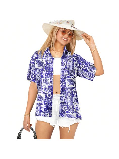 Tropical, Blue Casual Collar Half Sleeve Polyester Tropical,Plants Shirt Embellished Non-Stretch  Women Clothing Luau Christmas, Party Blouses, Aloha Party, Tee Shirts For Women, Boho Prints, Party Blouse, Tropical Shirts, Tropical Blue, Blouse Short Sleeve