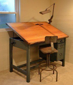 Antique Drafting Table, Desk Drawing, Drawing Desk, Drafting Table, Industrial Design Furniture, Drawing Table, Vintage Industrial Furniture, Creative Spaces, Empty Room