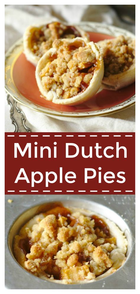 Mini Dutch Apple Pies – A personal apple pie! Pie crust filled with apple pie filling and topped with a crumb topping and baked in a muffin pan.  Mini Apple Pies | Apple Pie Recipe | Dutch Apple Pie | Apple Crumble #apple #fall #baking #recipe #easyrecipe #dessert #easydessert Apple Pies In Cupcake Pan, Mini Apple Pies With Crumb Topping, Mini Dutch Apple Pie Recipe, Muffin Pan Apple Pie, Personal Apple Pies, Mini Apple Crumble Pies, Mini Apple Pies In Muffin Tin, Mini Dutch Apple Pie, Apple Pies Mini