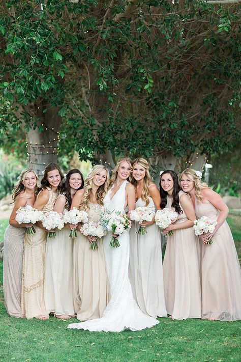 Palm Springs Estate Wedding with different blush and ivory bridesmaid dresses - Inspired By This Color Bridesmaid Dresses, Beige Bridesmaid Dress, Beige Bridesmaids, Blush Shades, Ivory Bridesmaid Dresses, Neutral Bridesmaid Dresses, Champagne Bridesmaid Dresses, White Bridesmaid, White Bridesmaid Dresses