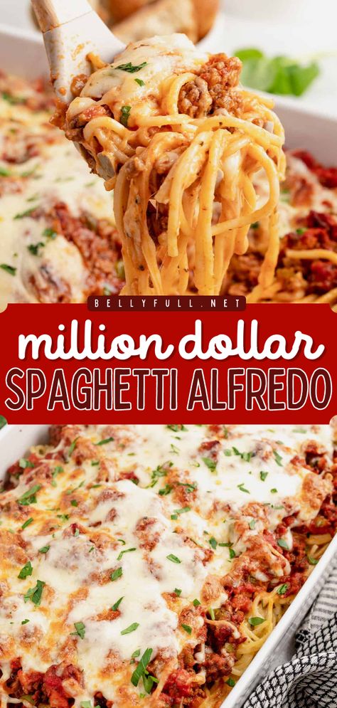 Want something different for dinner? Here's the ultimate spaghetti casserole! Combined with marinara sauce and lots of cheese, this Million Dollar Spaghetti Alfredo is outrageous in the best possible way. Your family will love this easy pasta dish! Spaghetti Alfredo And Meat Sauce, Dinner With Red Sauce, Million Dollar Alfredo Casserole, Red And White Spaghetti, Dressed Up Spaghetti Sauce, Things That Go With Spaghetti, Spaghetti With Tomato And Alfredo Sauce, Spaghetti Bake With Alfredo And Marinara, Dinner Ideas With Alfredo Sauce