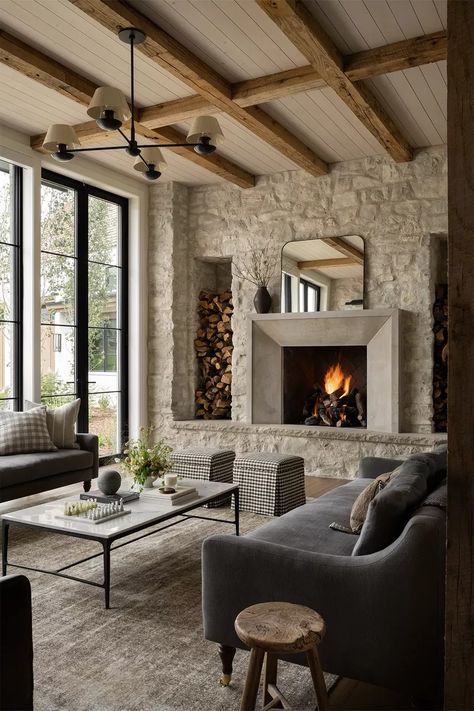 Meet The Founder Of Studio McGee | SheerLuxe Modern Rustic Fireplace, Studio Mcgee Modern, Cozy Rustic Living Room, Rustic Fireplace, Modern Farmhouse Living, Modern Farmhouse Living Room, Studio Mcgee, Rustic Living, Rustic Living Room