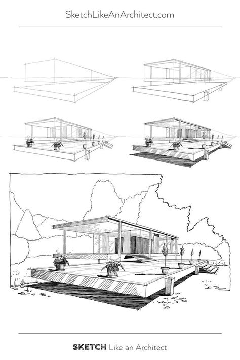 Quick Building Sketches, Prespective Sketches Buildings, Sketch Like An Architect, Architecture Drawing Beginner Step By Step, Farnsworth House Drawing, House Architecture Design Sketch, Farnsworth House Sketch, Dream House Drawing Sketch, How To Draw Architecture