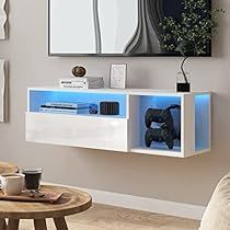 Tv Wall Decor Bedroom, Tv Stand Floating, Tv Stand Wall, Wall Mount Entertainment Center, Entertainment Center With Storage, Wall Mount Tv Stand, Storage For Bedroom, Color Led Lights, Hanging Tv