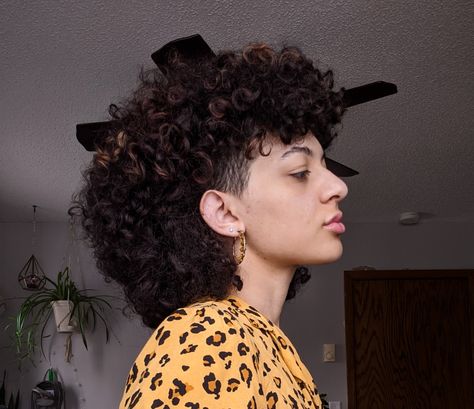 (From @/Alexia.svg on instagram) Natural 3b/3c curly hair in a mullet hairstyle, shaved sides Curly Shaved Mullet, Mullet Natural Hair, Wolfcut Natural Hair, Curly Shaved Hair, Mullets Curly Hair, 4c Hair Mullet, Curly Hair Mullet Black Women, Natural Hair Mullet, Mullet With Shaved Sides Curly Hair