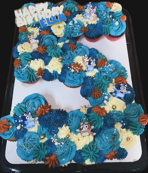 Ella’s 5th Birthday was celebrated with one of our pull apart cupcake numbers!!! Happy Belated Birthday Ella!! #cake #pullapartcupcakes #cupcakes #bluey #blueyparty #blueycake #birthday #egglesscake #sandyssweetspot Blues Clues Pull Apart Cupcakes, Bluey Cupcake Pull Apart Cake, Bluey Pull Apart Cupcakes, Number Cupcake Cake Pull Apart, 5 Cupcake Cake Number, Number 5 Cupcake Cake, Bluey Cupcake Cake, Cupcake Number Cake, Bluey Cupcake Ideas