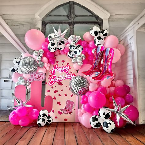 PRICES MAY VARY. 【Farm cowgirl Balloon Kit】INCLUDES the following 120+PCS 5" 10" 12"18"balloons in various sizes, we chose Hot Pink and Pink silver as Palette for the theme, Add 31pcs foil star cow disco cowboy boots Balloon & Glue Dot Tie Kit lets you create a cheerful and vibrant atmosphere, perfect for Farm themedy last rodeo bachelorette party decorations 【100% Reliable Color 】 We insist on 100% real photography，Providing True Color of every single balloons,what you have to do is trust your Disco Cowgirl Bachelorette Decor, Disco Cowgirl Party Decorations, Western Disco Party, Pink And Silver Balloons, Disco Balloon Garland, Rodeo Theme Birthday Party, Cowgirl Bachelorette Party Decorations, Cowgirl Party Theme, Cowgirl Birthday Party Decorations