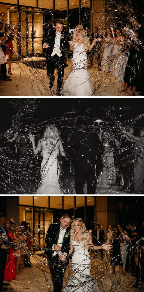 Bride and groom leaving Park Cities Club Dallas Wedding through silver streamers Streamer Confetti Wedding, Bride And Groom Leaving Ideas, Wedding Exit Sparkler Alternatives, Indoor Wedding Send Off, Confetti Streamers Wedding, Streamer Send Off Wedding, Streamer Wedding Send Off, Streamers Wedding Send Off, Night Club Wedding Reception