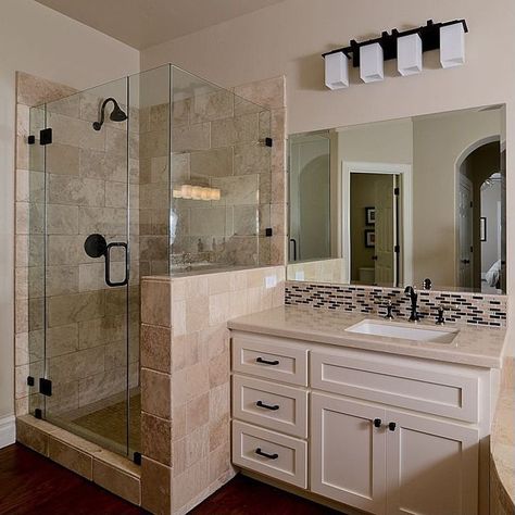 Transitional Bathrooms, Designers Portfolio, Craftsman Bathroom, Black Backsplash, Flat Panel Cabinets, Transitional Bathroom, Contemporary Bathroom Vanity, Frameless Shower Doors, Bathroom Design Ideas