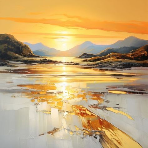 Landscapes Sunset, Scottish Landscapes, Sun Theme, Calming Art, Scottish Painting, Beautiful Abstract Art, Scottish Art, Landscape Art Painting, Sunset Art