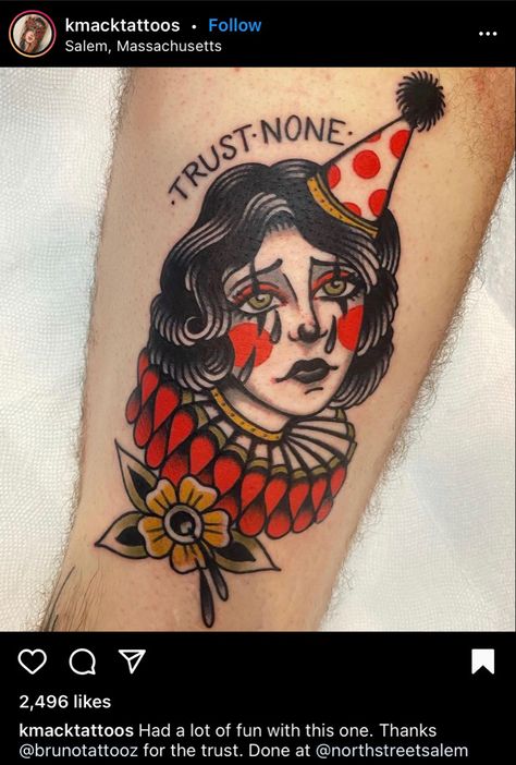 Traditional Tattoo Pin Up, Jester Tattoo, Optical Illusion Tattoos, Illusion Tattoos, Pin Up Girl Tattoo, Minimalist Tattoo Ideas, Traditional Tattoo Inspiration, Clown Girl, Traditional Style Tattoo