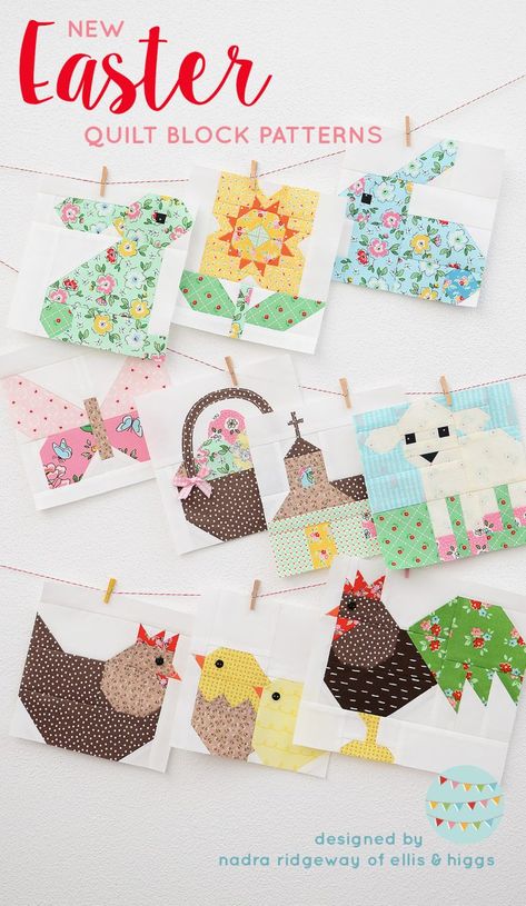 Easter Quilt Patterns, Chicken Quilt Block, Daffodil Quilt, Easter Quilt, Farm Animal Quilt, Table Runner Tutorial, Chicken Quilt, Spring Sewing, Bunny Quilt