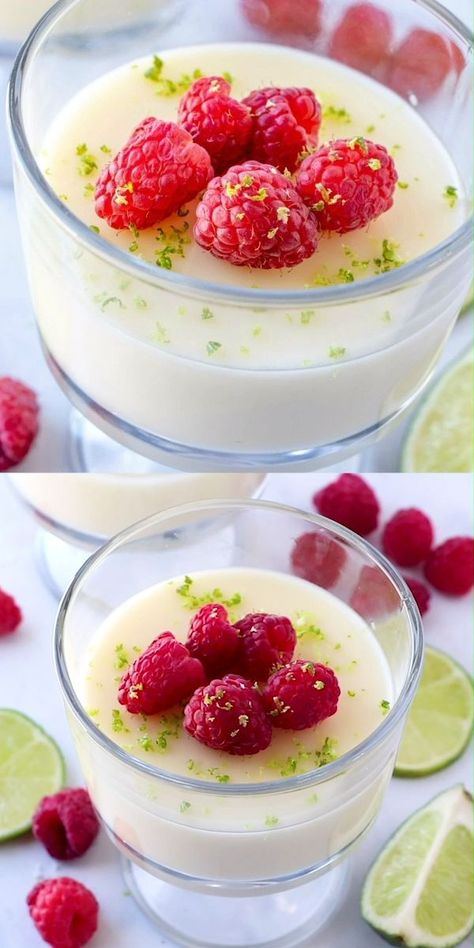 This Lime Posset with Fresh Raspberries is a light and refreshing dessert, perfect for spring and summer! Lime Posset, Fresh Raspberry Desserts, Fresh Raspberry Recipes, Mojito Recept, Patisserie Fine, Lime Desserts, Raspberry Desserts, Raspberry Recipes, Fresh Raspberries