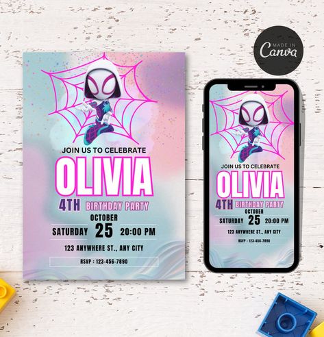 Ghost Spider Birthday Invitation Ghost Spider Birthday Party Invitation, Ghost Spider Invitation, Ghost Spider Birthday Party, Ghost Spider Birthday, Spider Invitation, Spidey Birthday, Ghost Birthday, Spiderman Girl, Spider Theme