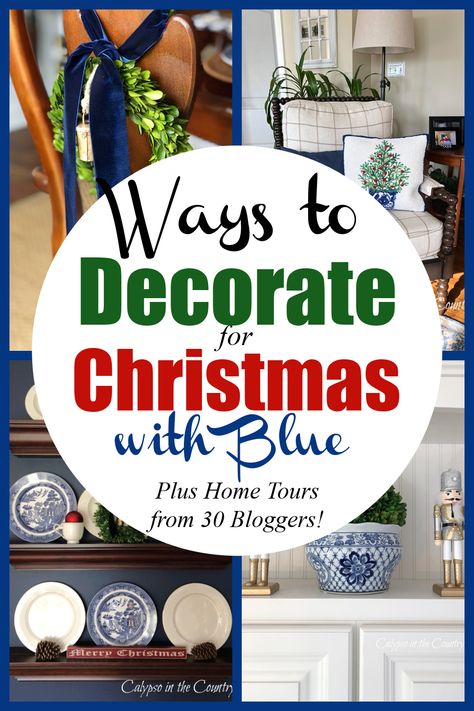 Collage of blue and white plates, ribbons and Christmas decorations on shelves and chairs. Navy Blue Christmas Pillows, Blue Ribbon Christmas Decor, Blue Couch Christmas Decor, Blue And White Ceramic Decor, Christmas House Tours Holiday Decorating, Chinoiserie And Tartan Christmas, Blue And White Christmas Decorations, Blue Willow Tablescapes, Navy And Red Christmas Decor