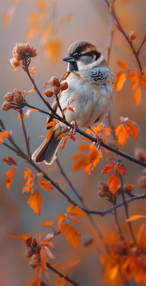 A small sparrow perches delicately on an autumn branch, a whisper of nature's fleeting grace. Sparrow On Branch, Birds In Autumn, Winter Nature Photography, Sparrow Pictures, Bird Parakeet, Winter Photography Nature, Autumn Birds, Cat Infographic, Pastel Winter