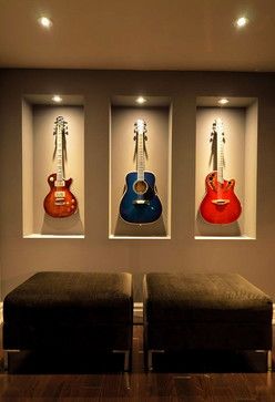 Contemporary Basement, Guitar Storage, Home Music Rooms, Guitar Display, Modern Basement, Guitar Room, Music Studio Room, Deco Studio, Music Room Decor