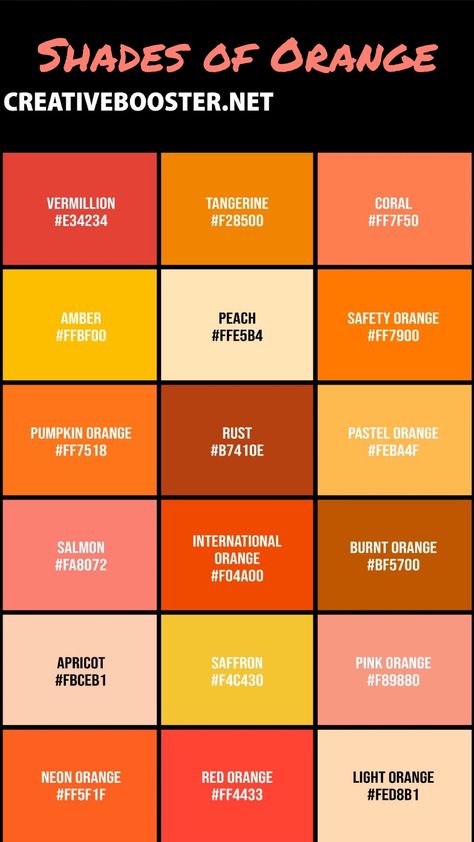 Types Of Orange Color, Orange Shades Colour Palettes, Colors That Compliment Orange, Supplement Photoshoot, Orange Color Shades, Color Names Chart, Colorful Aura, Colour Coordination, Color Exploration