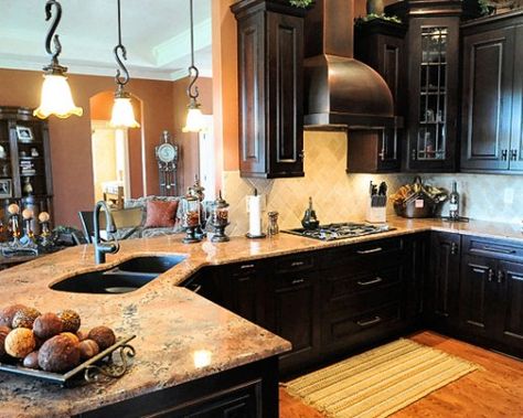 Image detail for -of Dark Cherry Cabinets With Granite Countertops « Kitchen Cabinet ... Kitchen Bar With Sink, Bar With Sink, Dark Brown Kitchen Cabinets, Angled Kitchen, Dark Brown Kitchen, Brown Countertop, Brown Granite Countertops, Brown Kitchen Cabinets, Outdoor Kitchen Countertops