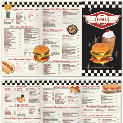 Designs | Create a 50's themed restaurant menu with cover. | Menu contest Diner Design Ideas, Diner Menu 50's, American Diner Menu, 90s Diner, 50s Restaurant, Recipe Layout, Tech Theatre, Breakfast Diner, Classic American Diner