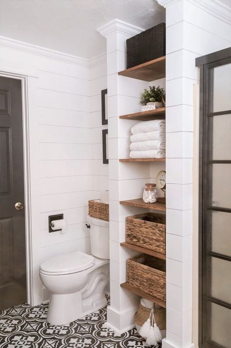 Farmhouse Bathroom Makeover ORC Week 7 - REVEAL! - Joyful Derivatives Farmhouse Bathroom Decor Ideas, Diy Bathroom Storage, Real Estat, Bathroom Closet, Bath Bathroom, Vanity Organization, Small Bathroom Storage, Trendy Bathroom, Diy Closet