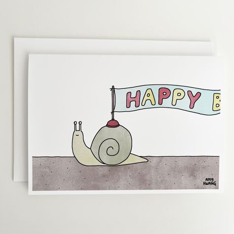 Snail Birthday Cards, Snail Cards, Happy Birthday Illustration, Painting Night, Happy Birthday Art, Belated Birthday Card, Birthday Card Drawing, Birthday Illustration, Happy Belated Birthday