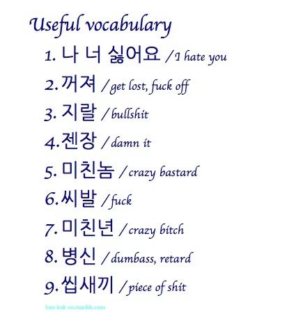 Korean curse words Words In Korean, Korean Slang, Korean Life, Korean Characters, Learn Hangul, Learn Korea, Korean Writing, Korea Language, Learn Another Language