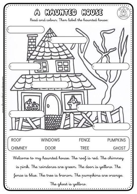 This is a fun ESL Halloween worksheet. Students have to read the story and label the haunted house. Halloween English Worksheets, Halloween English Activities, Halloween Worksheets Preschool, Halloween Worksheets For Kids, Halloween Handouts, Halloween School Activities, Halloween Worksheet, Halloween Lesson Plans, Halloween Teaching