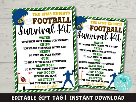 Editable Football Survival Kit Printable | Football Tags for Game Day | Football Team Gifts | Goodie Bags for Football Players #footballplayergift #footballsurvivalkit #footballteamgift #footballtagsforgameday #snackbagforsports Super Bowl Goodie Bags, Football Game Day Goody Bags, Football Theme Goodie Bags, Game Day Goodie Bags, Playoff Goodie Bags, Football Candy Sayings, Football Survival Kit Ideas, Football Gift Bags For Players, Game Day Treats For Players