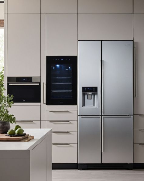 This image showcases a sleek and modern kitchen featuring high-end appliances integrated seamlessly into minimalist cabinetry. The neutral tones of the cabinets complement the metallic finishes of the refrigerator and ovens, creating a harmonious and functional space. The design reflects a contemporary approach where aesthetics meet practicality in kitchen layout and appliance choice. #ModernKitchen #HomeDesign #InteriorDesign #KitchenAppliances #MinimalistHome #ContemporaryStyle #HomeInspir... Functional Space, In Kitchen, Kitchen Layout, Minimalist Home, Neutral Tones, Luxury Interior, Modern Kitchen, Refrigerator, Contemporary Style