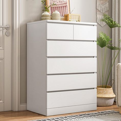 PRICES MAY VARY. 🎀【6 Drawers & Metal Guide Rail】: We offer 2 types of drawers for classified storage, 4 large wood drawers for shirts, sweaters, long sleeves, etc., and 2 small wood drawers can be used to store your scarves, underwear, socks, diapers, etc. In addition, the metal rail of each drawer is designed through multiple polishing, which makes the rail more smooth and the drawer will not be pulled out and dropped easily. 🎀【Classic Tall Chest of Drawers】: The bedroom wooden chest of drawe Storage Drawers Closet, Simple Bedroom Ideas For Small Rooms, Drawers Decor, Tall White Dresser, White Dresser Bedroom, White Wood Dresser, Small Closet Storage, Dresser Drawer Organization, Closet Organizer With Drawers