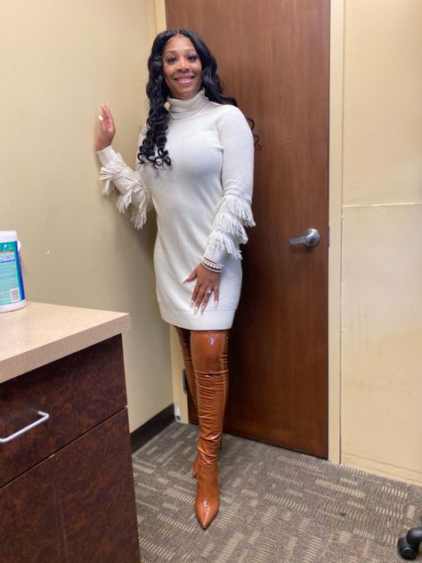 Vava Cognac Boots micheal kors shingle sweater dress Instagram: Melodymonique Cognac Boots Outfit, Cognac Boots, Boots Outfit, Cognac, Work Outfit, Sweater Dress, Boots, Black